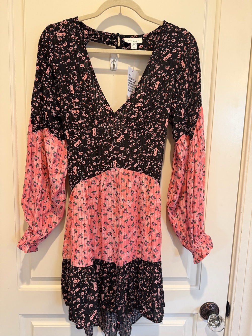 Topshop Black and Pink Floral V-Neck Tiered Mini Dress